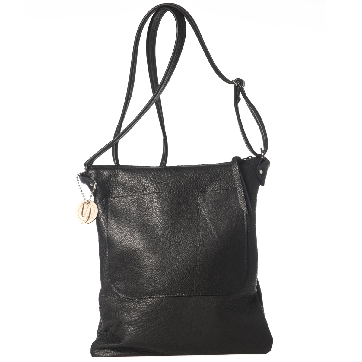 Black leather cross-body bag handmade in the USA by Vicki Jean.