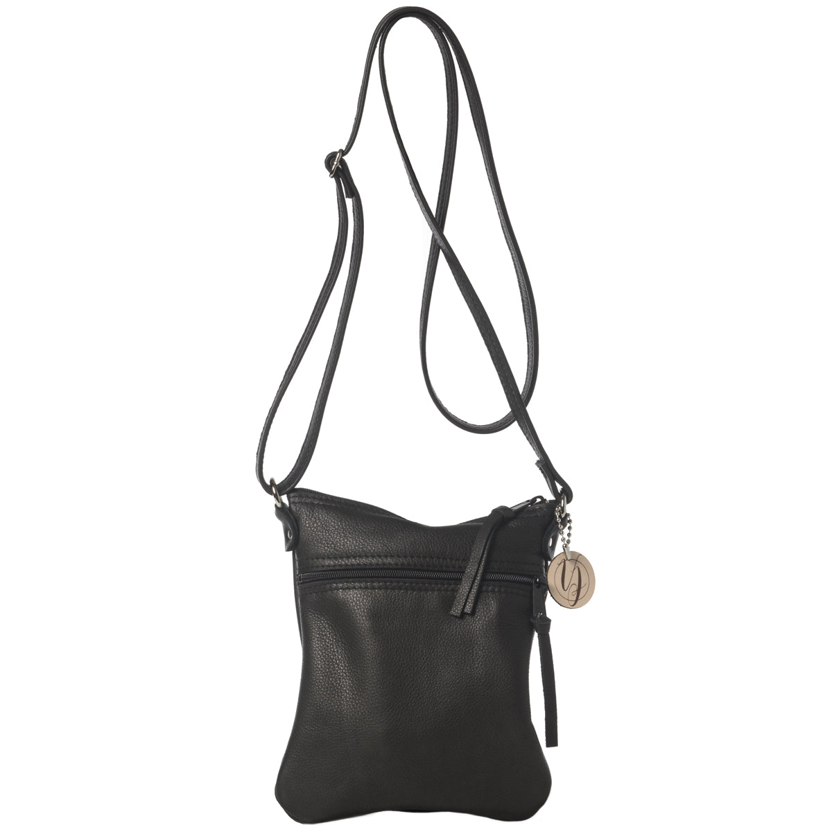 Black leather cross-body bag handmade in the USA by Vicki Jean.