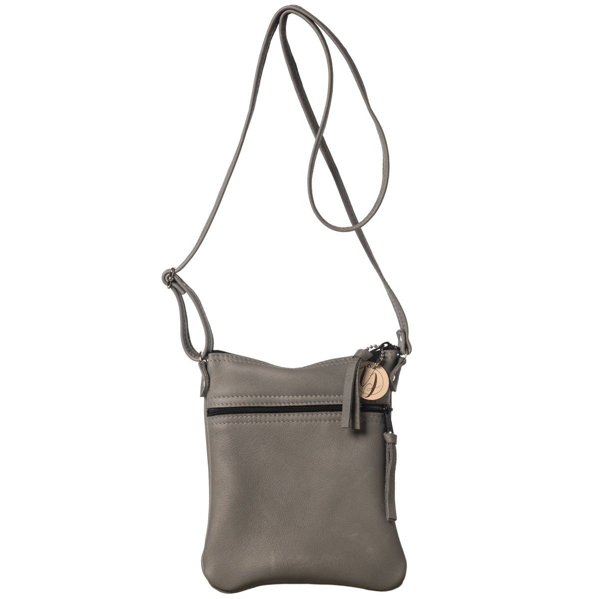 Grey leather cross-body bag handmade in the USA by Vicki Jean.