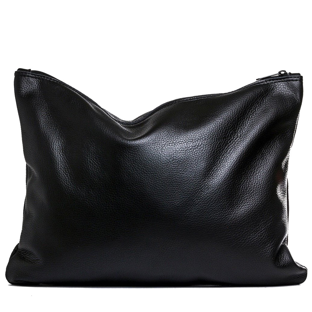 Black leather large fold-over clutch handmade in the USA by Vicki Jean.
