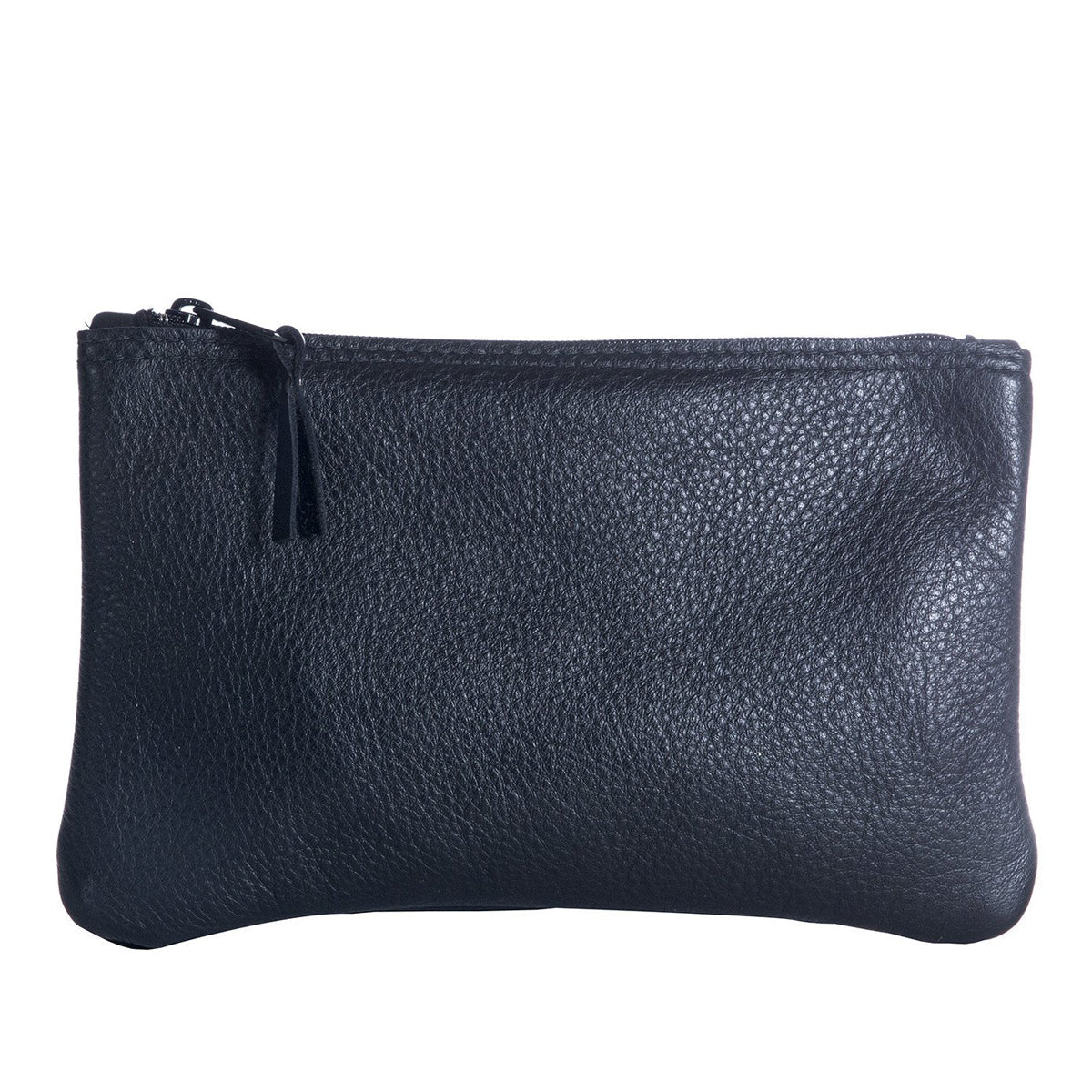 Black leather zipper pouch handmade in the USA by Vicki Jean.