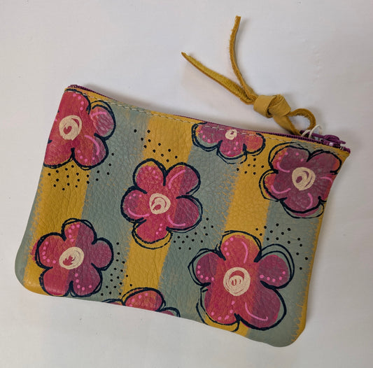 Hand painted pouch pink flowers with stripes