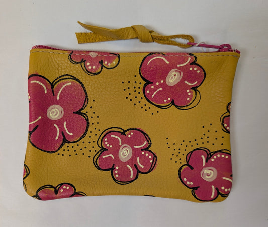 Hand painted pouch pink flowers