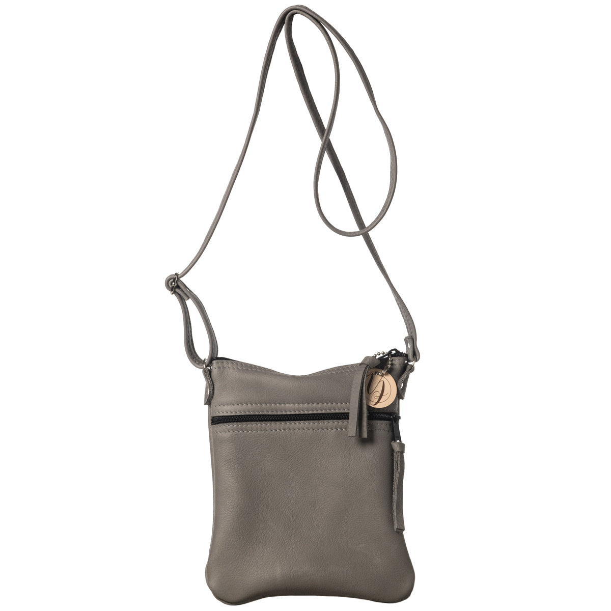 Grey leather cross-body bag handmade in the USA by Vicki Jean. 