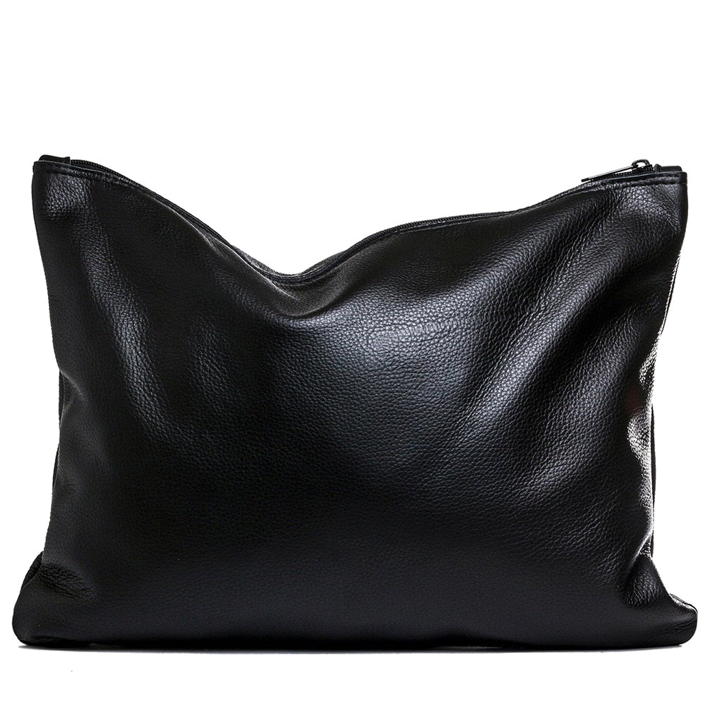 Black leather large fold-over clutch handmade in the USA by Vicki Jean. 