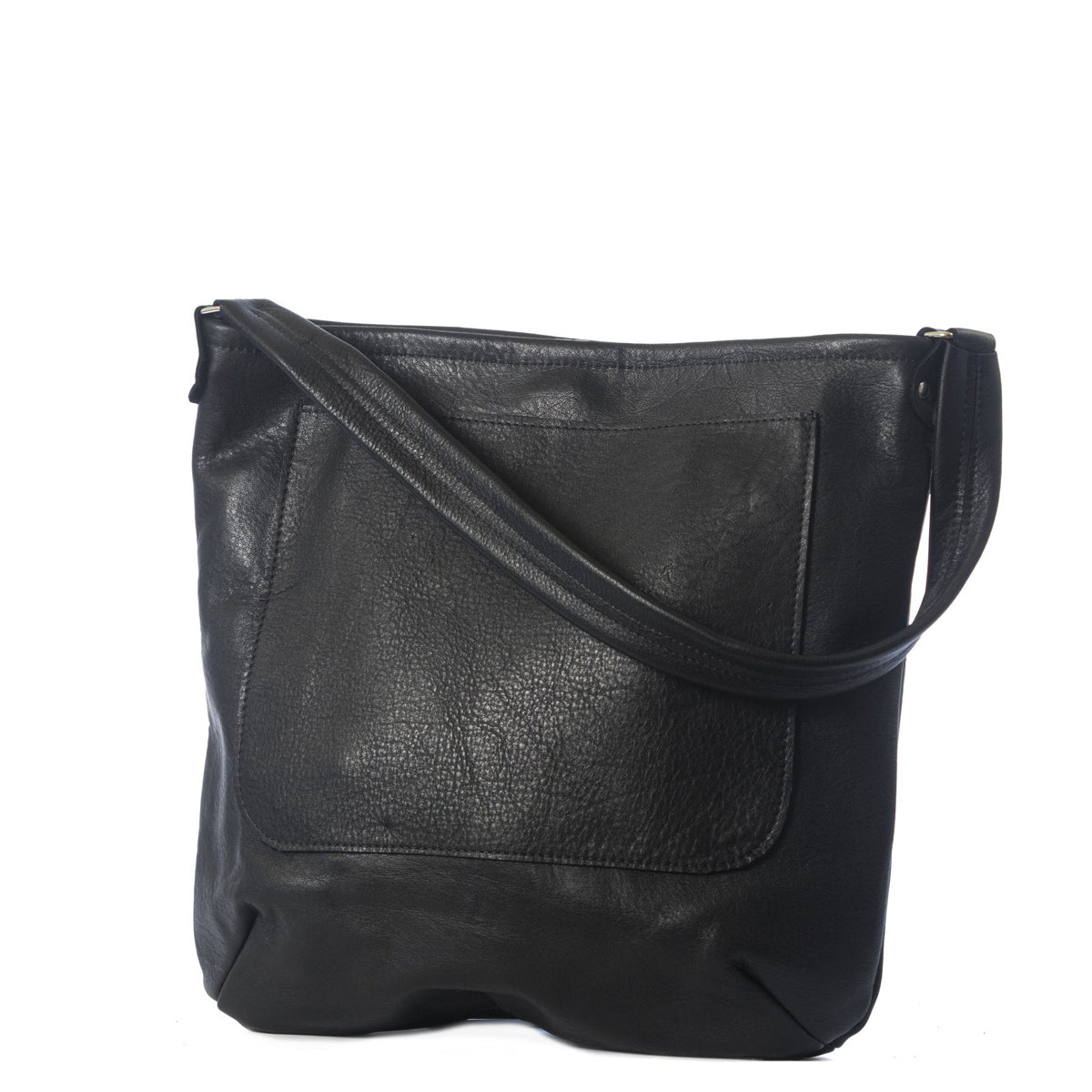 Black leather shoulder bag handmade in the USA by Vicki Jean.